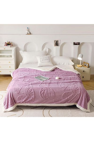 OEM Cocolino fluffy blanket, with fur, 200x230cm, elegantly embossed with Butterflies, made of plush microfiber