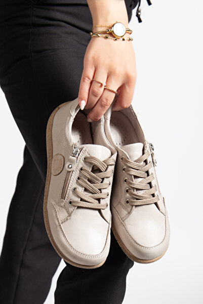 CANİLH Hakiki Deri Yumuşak Tabanlı Kadın Bej Sneaker Günlük Spor Ayakkabı