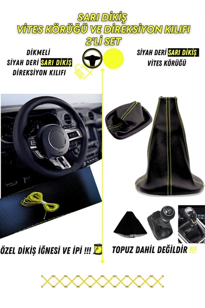 Fiat 500 C 2007 ve Sonrası Uyumlu Dikişli Direksiyon Kılıfı ve Vites Körüğü İkili Set