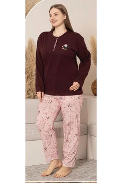 Sude Women's Plus Size Button Collar Combed Cotton Long Sleeve Thin Pajamas Set A600-492 - 1 Piece