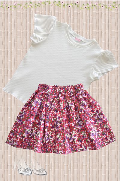 MODA59 Girl's Skirt Suit, Skirt T-Shirt Suit, Floral Skirt Twill Ecru T-Shirt