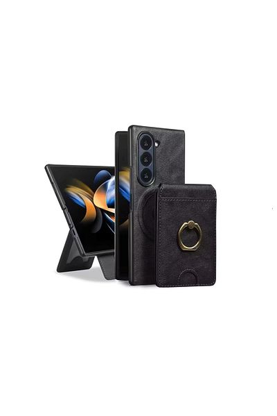 REDz Accessories Husă premium pentru Samsung Galaxy Z Fold 4, piele ecologică, suport detașabil pentru carduri, inel rotativ, neagră