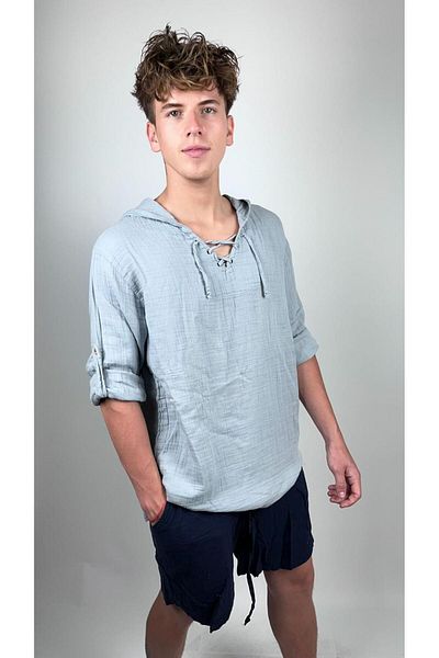 bomull textıle Men's Hooded Lace-Up Shirt