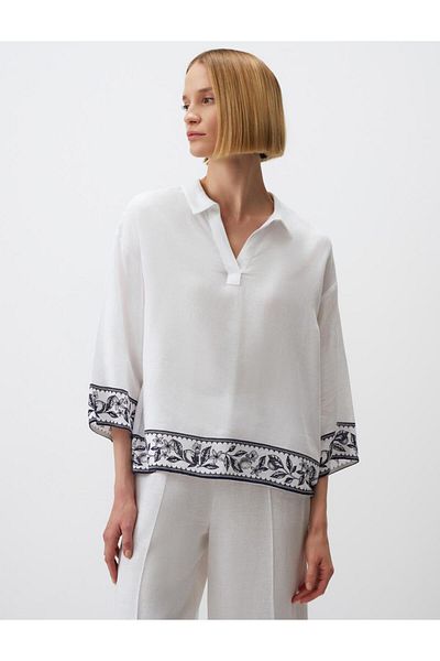 Jimmy Key Trouser Sleeve V-Neck Patterned Linen Blouse