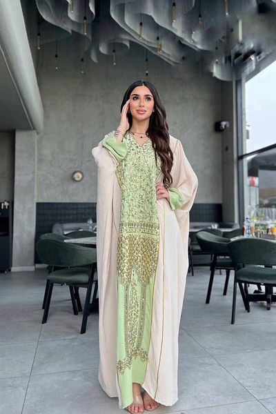 Genrics Embroidered cotton jalabiya with belt, free size, beige and turquoise, from 55 to 110 kg