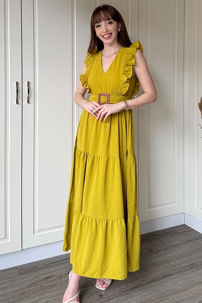 Dilay Gökoğlu Butik Rochie lungă cu mâneci muștar și fante