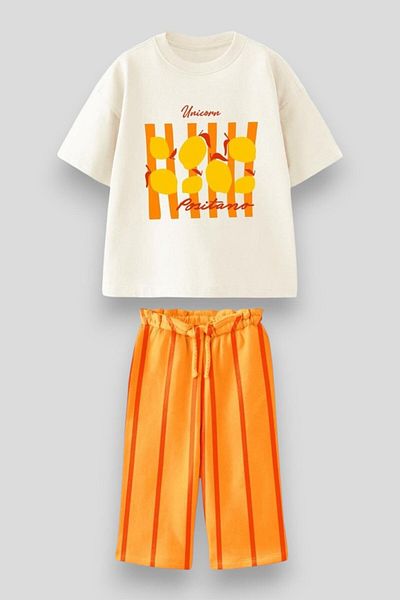 Magu Girls' Cotton Ecru Lemon Patterned "Unicorn Positano" Printed T-Shirt and Orange Striped Trousers