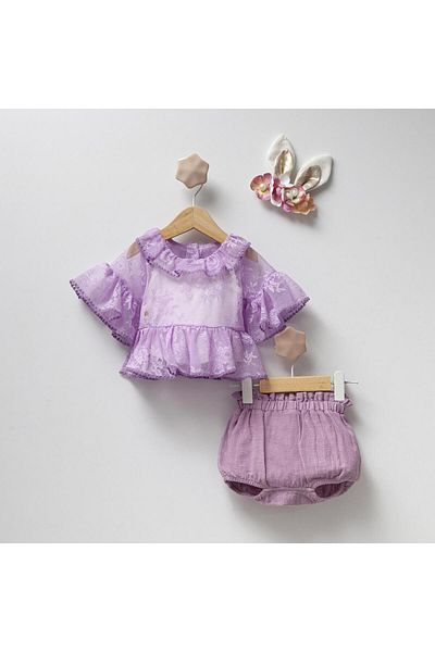 Magu Baby Girl Lilac Lace Detailed Flounced Blouse Shorts Set