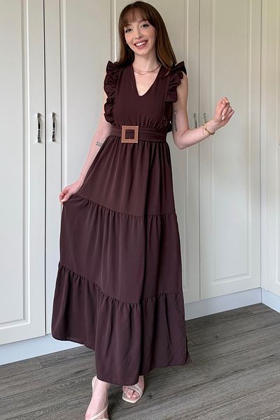 Dilay Gökoğlu Butik Καφέ μακρύ φόρεμα με βολάν με σχισμή