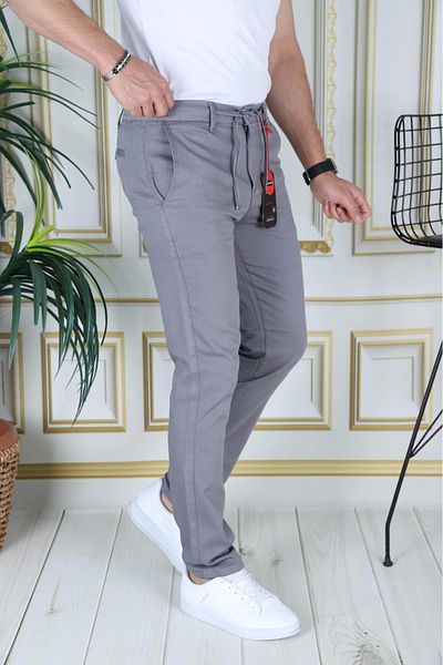 PHANTOM JEANS Men's Gray Slim Fit Stretchy Lycra Dobby Linen Trousers Stylish Trousers with Lace-Up Belt and Elastic Waist