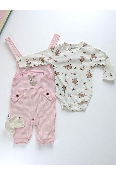 MİLAYS LİFE HOME COLLECTİON Rabbit Embroidered Baby Jumpsuit with Socks Gifted 100% Cotton