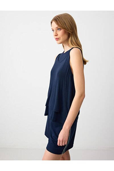 Jimmy Key Layered Dark Blue Sleeveless Blouse
