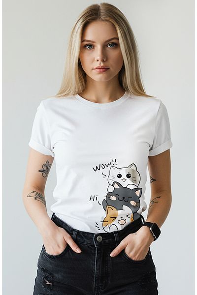 PARUNIV Tricou Dama, Pisici jucausi WOW, HI