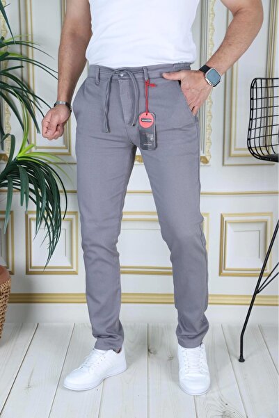 PHANTOM JEANS Men's Gray Slim Fit Stretchy Lycra Dobby Linen Trousers Stylish Trousers with Lace-Up Belt and Elastic Waist