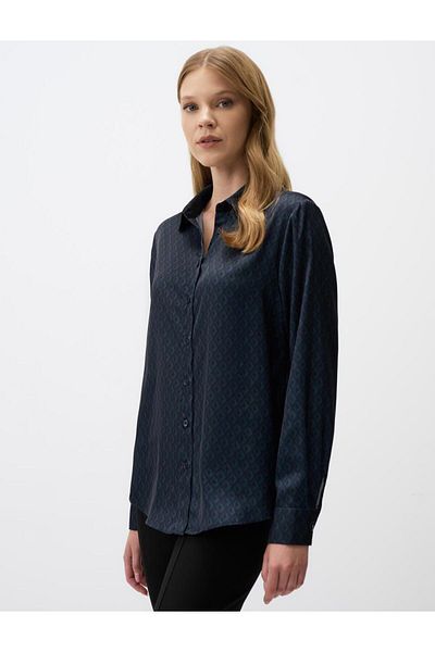 Jimmy Key Geometric Patterned Long Satin Shirt with Sleeves