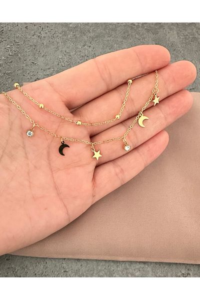 lolajewelry Luxury Steel Gold Color Dorica Chain Zircon Stone Moon Star Steel Anklet
