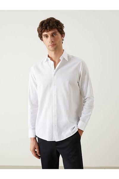 LC Waikiki Southblue White Regular Fit Long Sleeve Linen Blend Men's Shirt