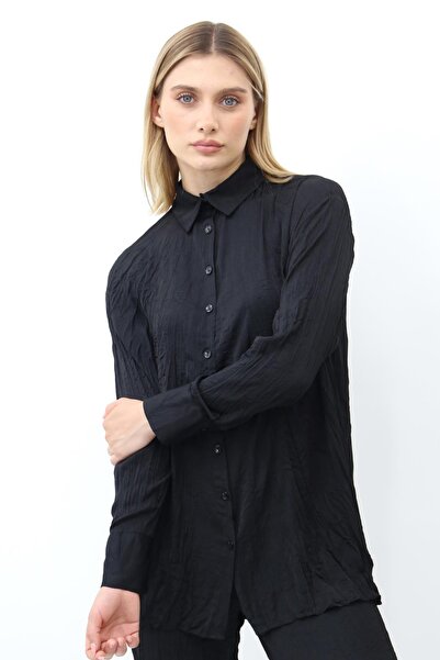Yaqa Krinkıl Kumaş Cindrella Gömlek - Siyah