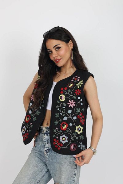 Stil Sepeti Women's Black Linen Color Embroidery Embroidered Lined Vest Esc-10002003