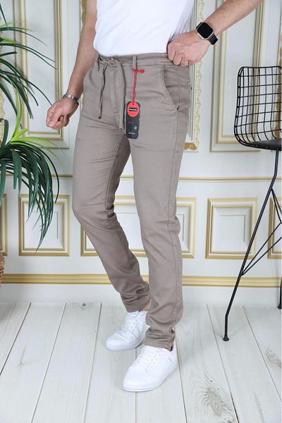 PHANTOM JEANS Ανδρικό καφέ Slim Fit Stretchy Lycra Dobby Λινό Παντελόνι με κορδόνια Ζώνη Μέσης Ελαστικό Κομψό Παντελόνι