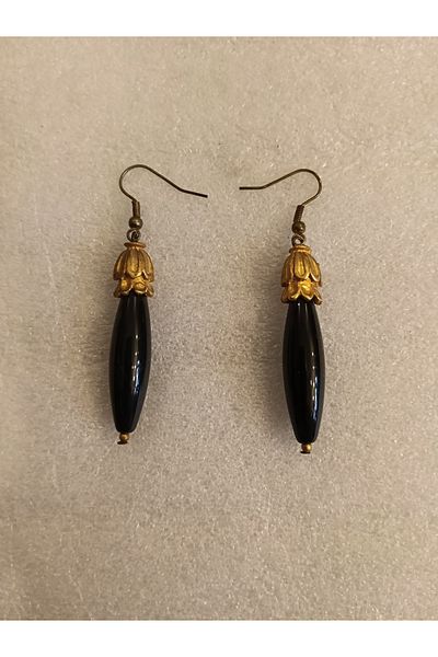 Butik Tülin Authentic Natural Stone Onyx Black Long Dangle Earrings 6.5X0.8 cm Indian Made