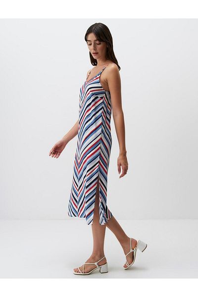 Jimmy Key Striped Midi Dress with V-Neck Straps