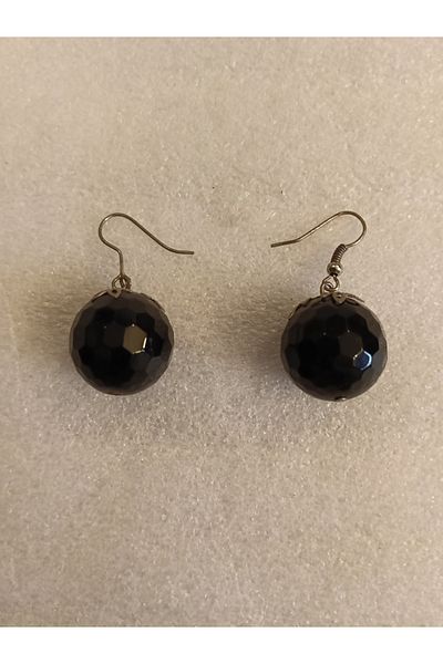 Butik Tülin Authentic Natural Stone Onyx Black Cutout Dangle Ball Earrings 3.5X1.8 cm Indian Made
