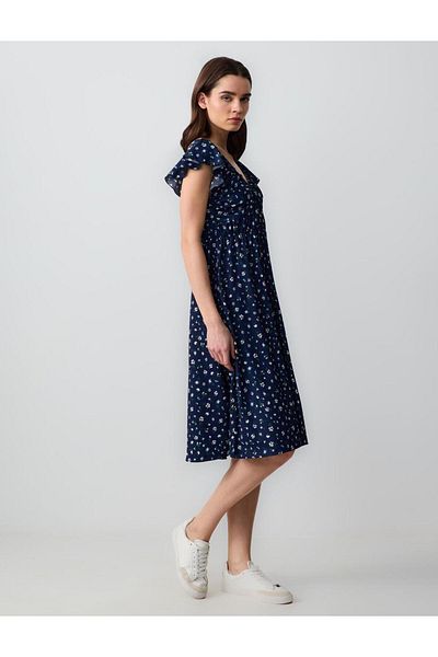 Jimmy Key Floral Patterned V-Neck Short Sleeve Knitted Midi Dress