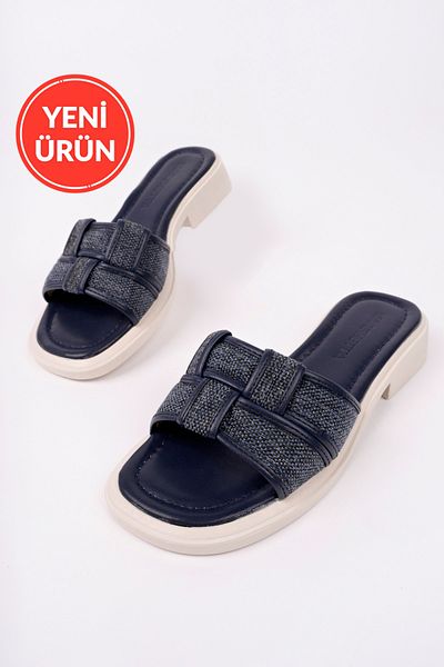 MARSHETTA Rox Model Daily Women's Navy Blue Linen Slippers