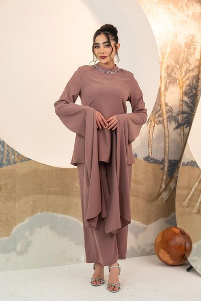 YAFA CLOTHING & ACCESSORIES Embroidered Collar Blouse Trousers Double Suit Brown