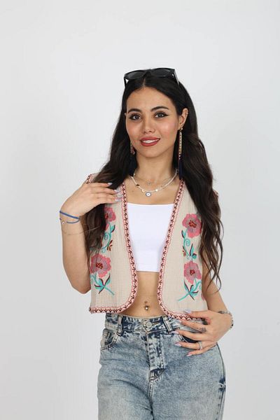 Stil Sepeti Women's Beige Linen Colored Embroidery Embroidered Lined Vest Esc-10002005