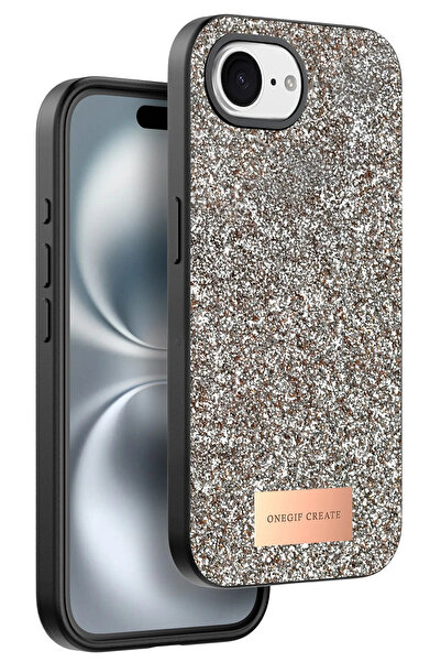Rivor Apple iPhone 16e Uyumlu Kılıf Kamera Çıkıntı Taşlı Boncuk İşlemeli Siml...