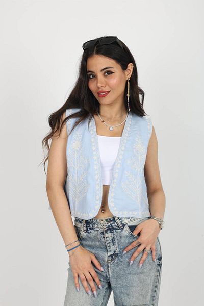 Stil Sepeti Women's Blue Linen White Embroidery Embroidered Lined Vest Esc-10002004