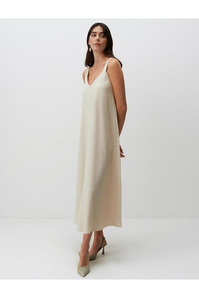 Jimmy Key Strappy V-Neck Basic Midi Linen Dress