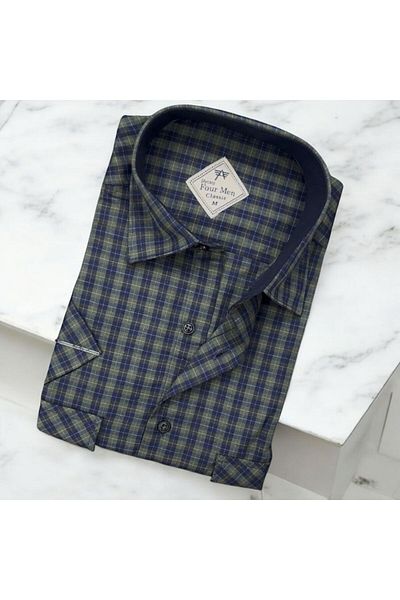 GÖMLEK GALERİSİ Men's Classic Relaxed Fit Short Sleeve Double Pocket Plaid Shirt