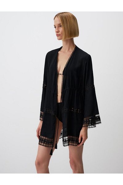 Jimmy Key Open Collar Long Sleeve Embroidered Kimono