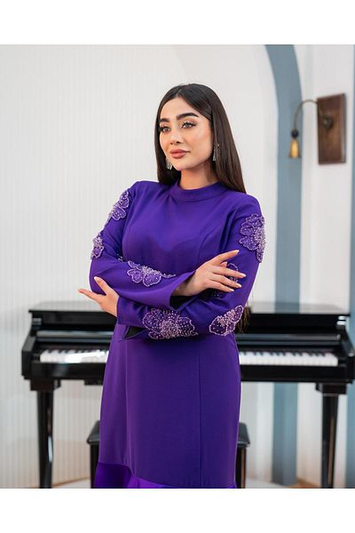 YAFA CLOTHING & ACCESSORIES Collar Hand Embroidered Dress Purple