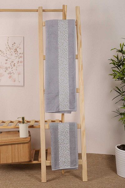 merland benvecocuk 2 Piece 100% Cotton Bath Towel Set Leopard Pattern Gray