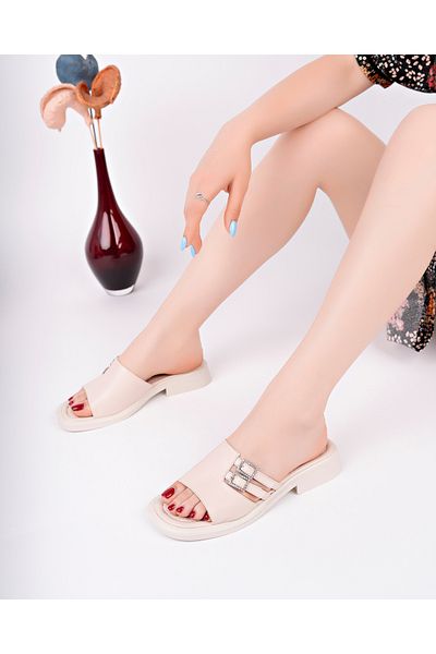 MARSHETTA Γυναικείες παντόφλες Stella Model Stone Buckle Λεπτομερείς καθημερινές μπεζ