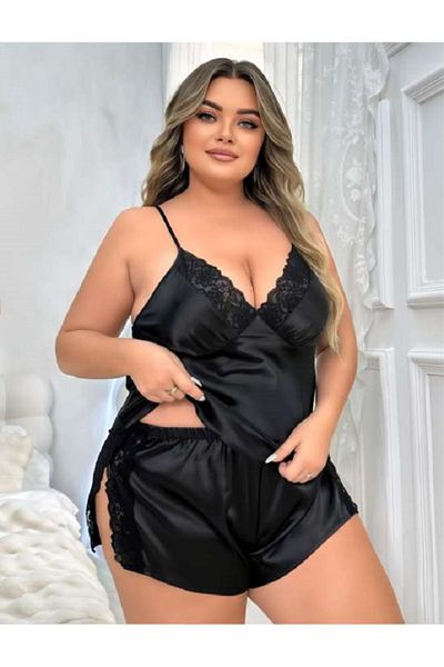 Bleu Petite Set de pijamale din dantelă din satin de mărime mare