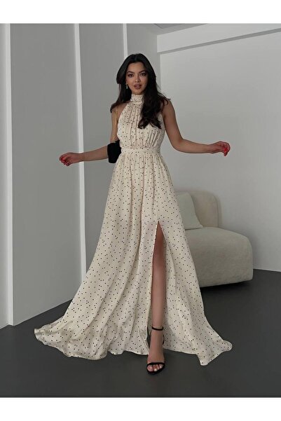 KOSHKA MODA Halter Yaka Yırtmaçlı Uzun Elbise