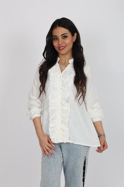 Stil Sepeti Women's Ecru Judge Collar Front Ruffle Long Sleeve Shirt Esc-1000789120