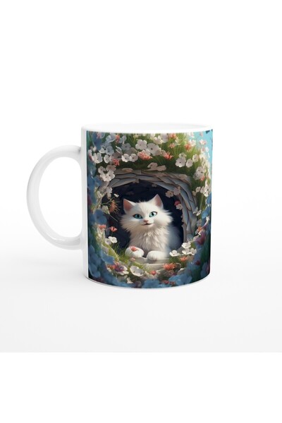 MESCHAIN White Cat Hiding in the Flower Garden Themed Printed Mug