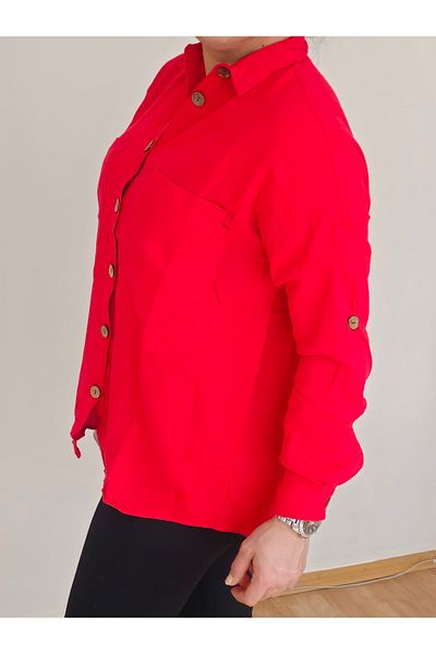 GüneşIşığı Women's Wooden Button Folding Sleeve Double Pocket Casual Wide Loose Fit 75% Cotton 25% Linen Shirt