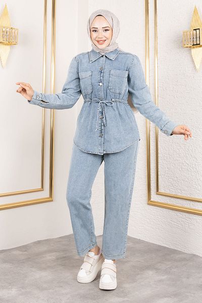 Tesettür Dünyası Drawstring Waist Denim Suit Tsd250186 Light Blue