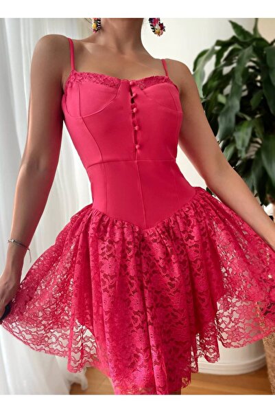 1Moda1Tarz Women's Imported Fabric Guipure Detailed Buttoned Strap Lined Special Design Dress