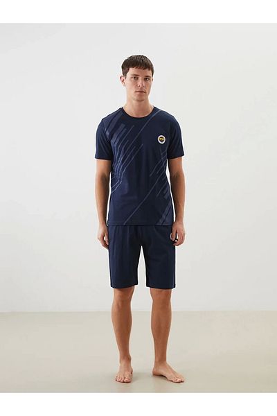 LC Waikiki Navy Blue Crew Neck Fb Fan Printed 100% Cotton Men's Shorts Pajama Set