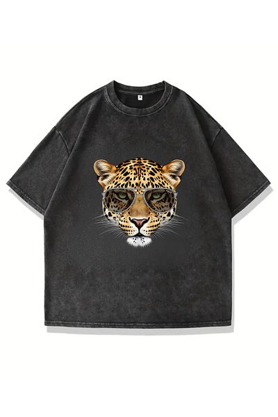 Touz Moda Vintage Unisex Oversize T-shirt με Leopard Printed Washable