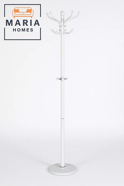 MARIA HOMES White Standing Coat Rack with Rounded Hooks and Stable Circular Base