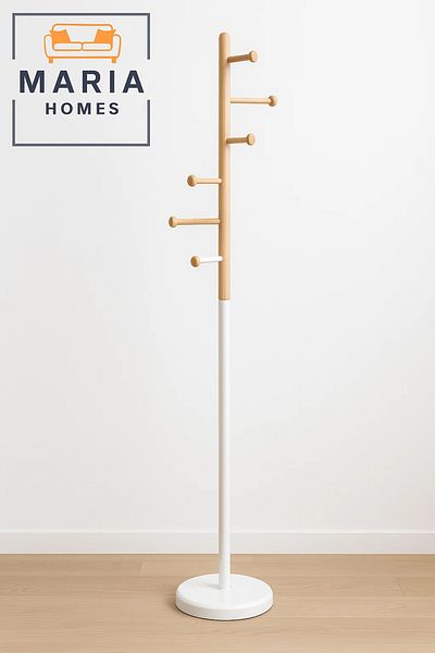 MARIA HOMES Minimalist Wood and Metal Coat Rack with Side Peg Hooks